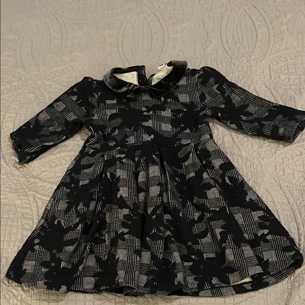 Janie and Jack Black and Gray Long Sleeve Dress with Velvet Peter Pan Collar